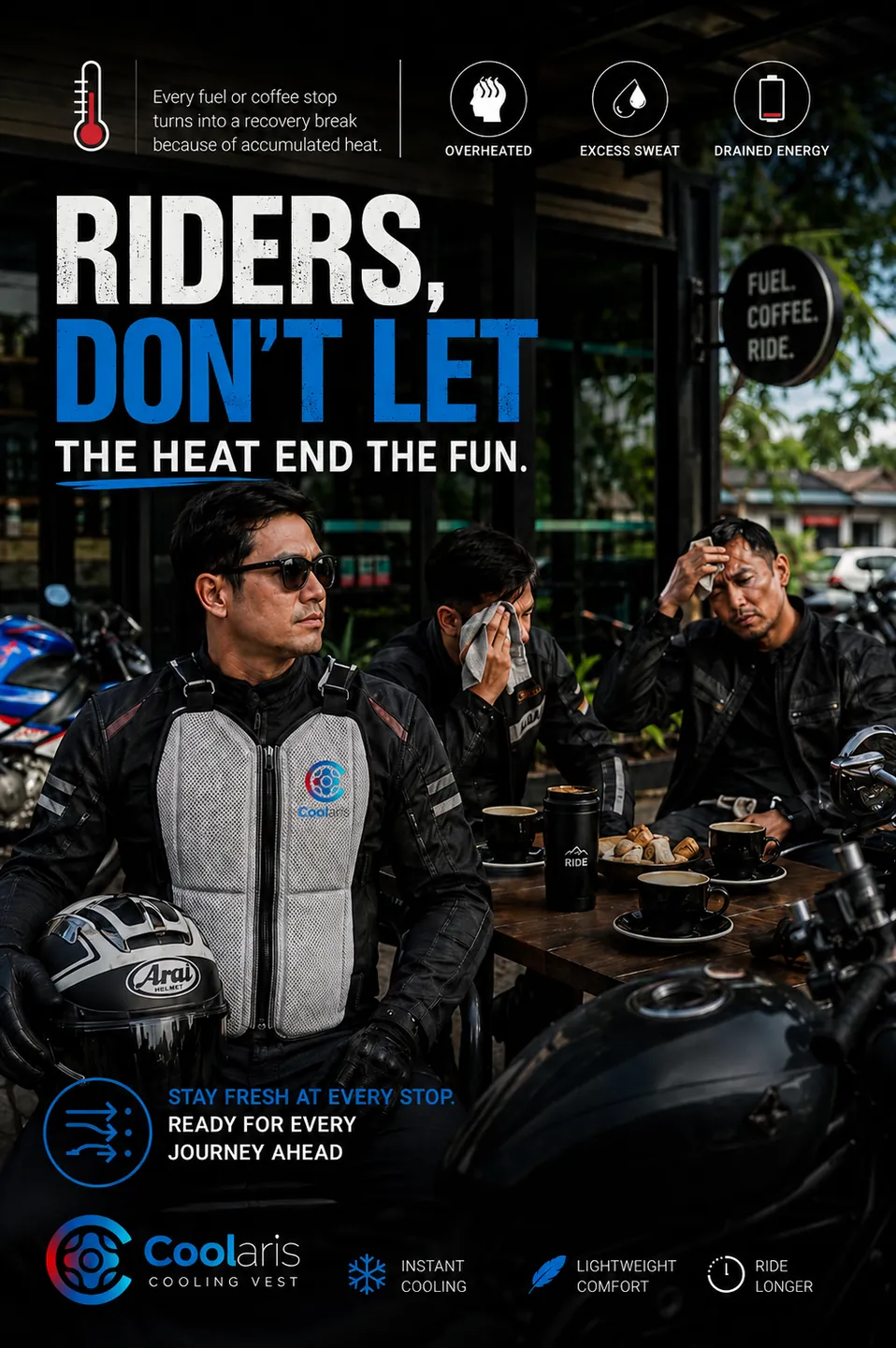 Grafik penunggang COOLARIS dengan tajuk “Riders, don’t let the heat end the fun”.