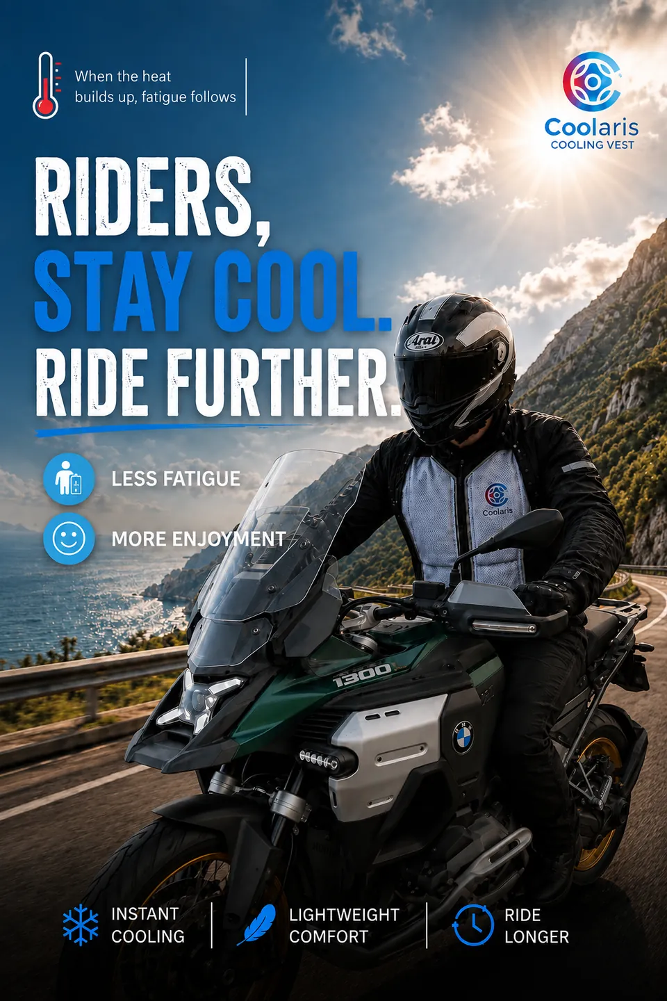 Grafik penunggang COOLARIS dengan tajuk “Riders, stay cool. Ride further”.