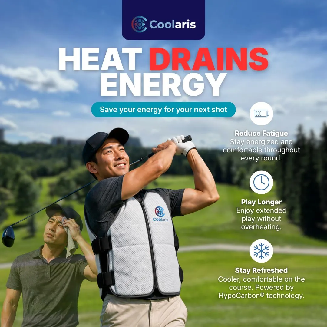 Grafik vest penyejuk COOLARIS dengan pemain golf dan tajuk “Heat drains energy”.