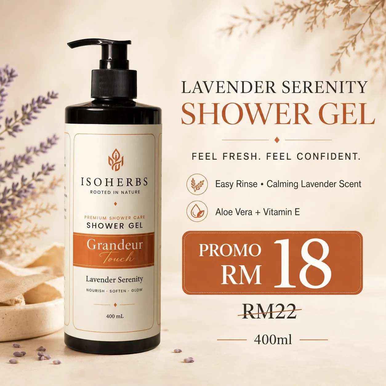 Grafik promosi Lavender Serenity Shower Gel daripada Freesya X Isoherbs dengan imej lavender.