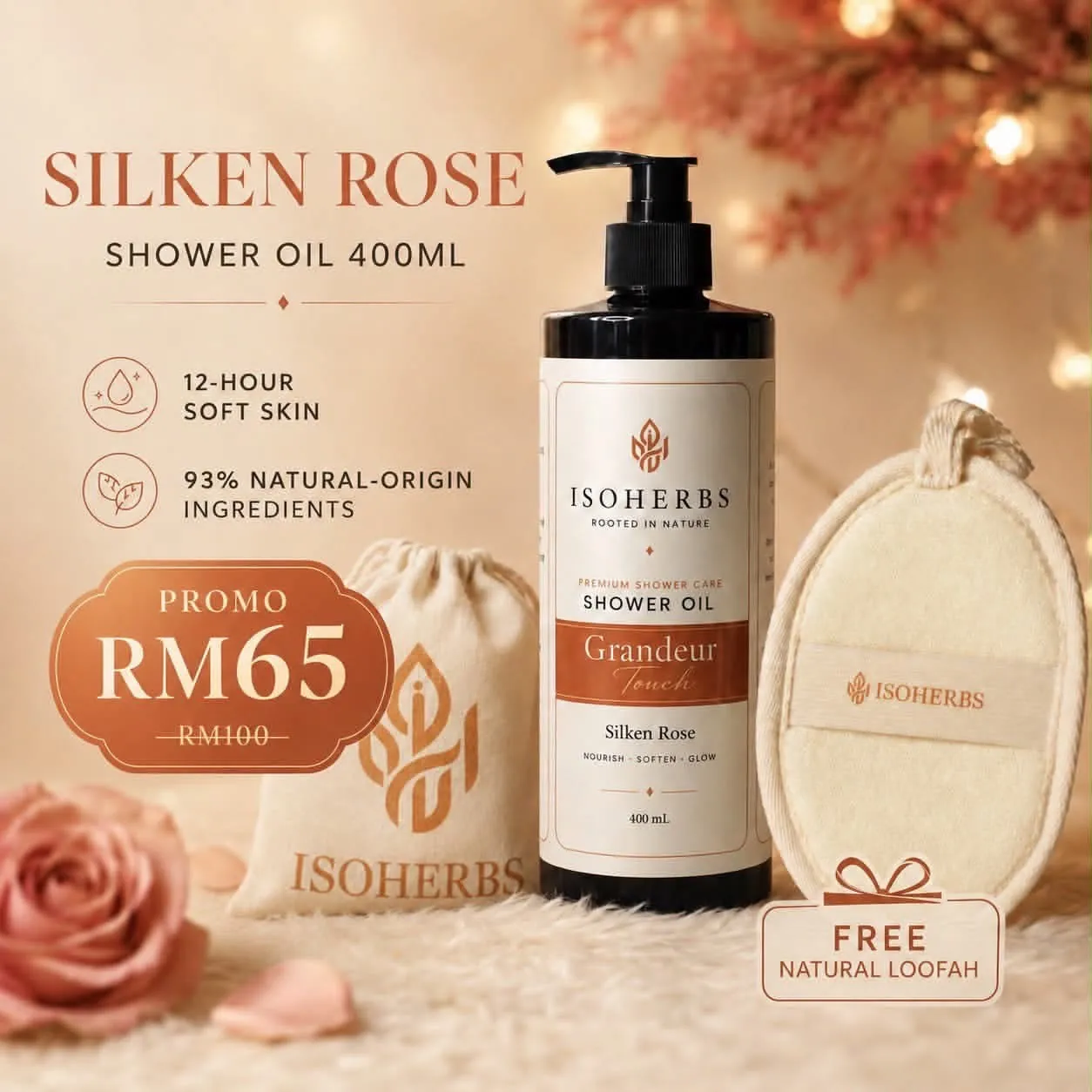 Grafik promosi Silken Rose Shower Oil daripada Freesya X Isoherbs dengan imej bunga mawar.